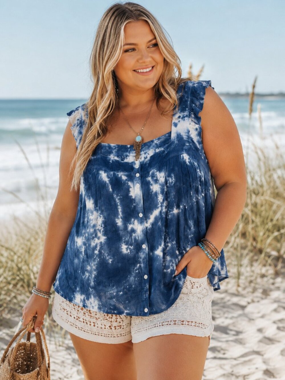 True Craft Blue White Tie-Dye Ruffle‎ Strap Button-Front Top Plus Size 2X